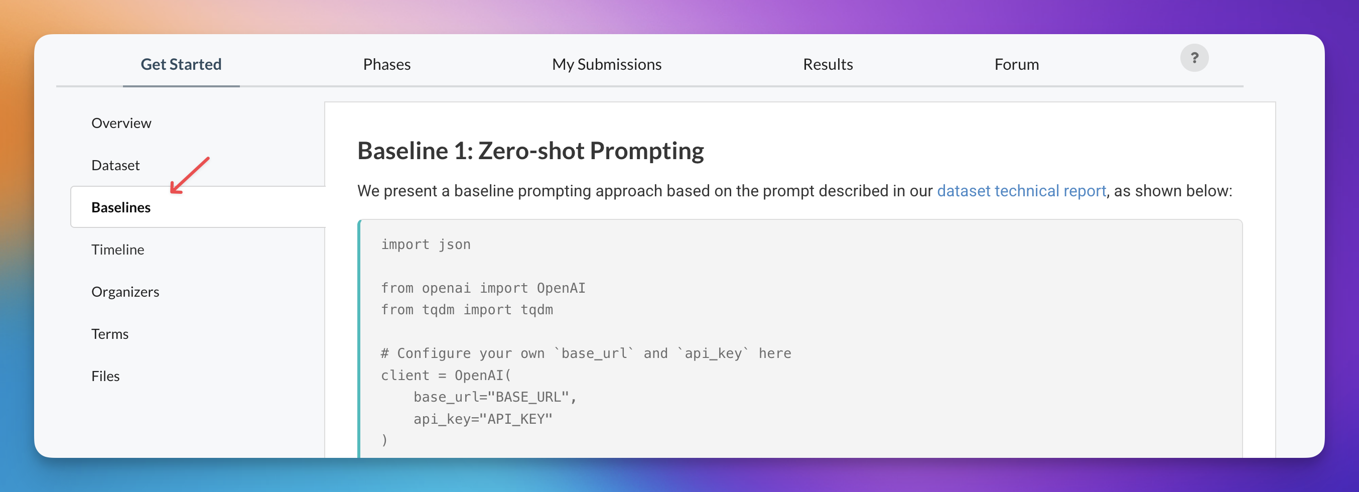 CodaBench Baselines tab showing zero-shot prompting baseline