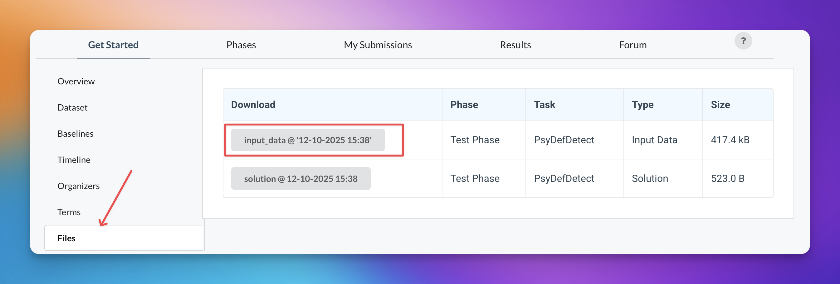 CodaBench Files tab showing input_data download