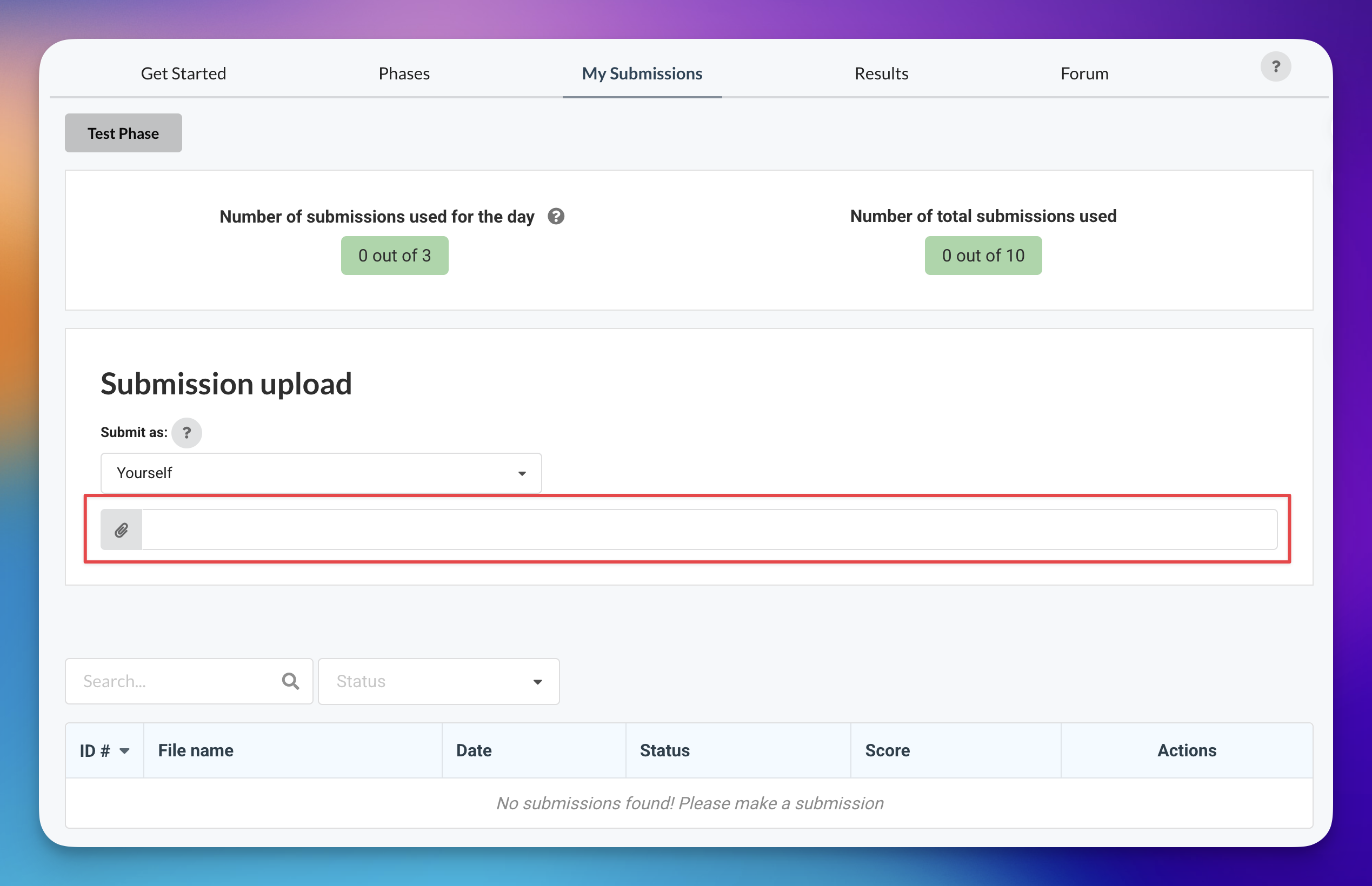CodaBench My Submissions tab showing upload area